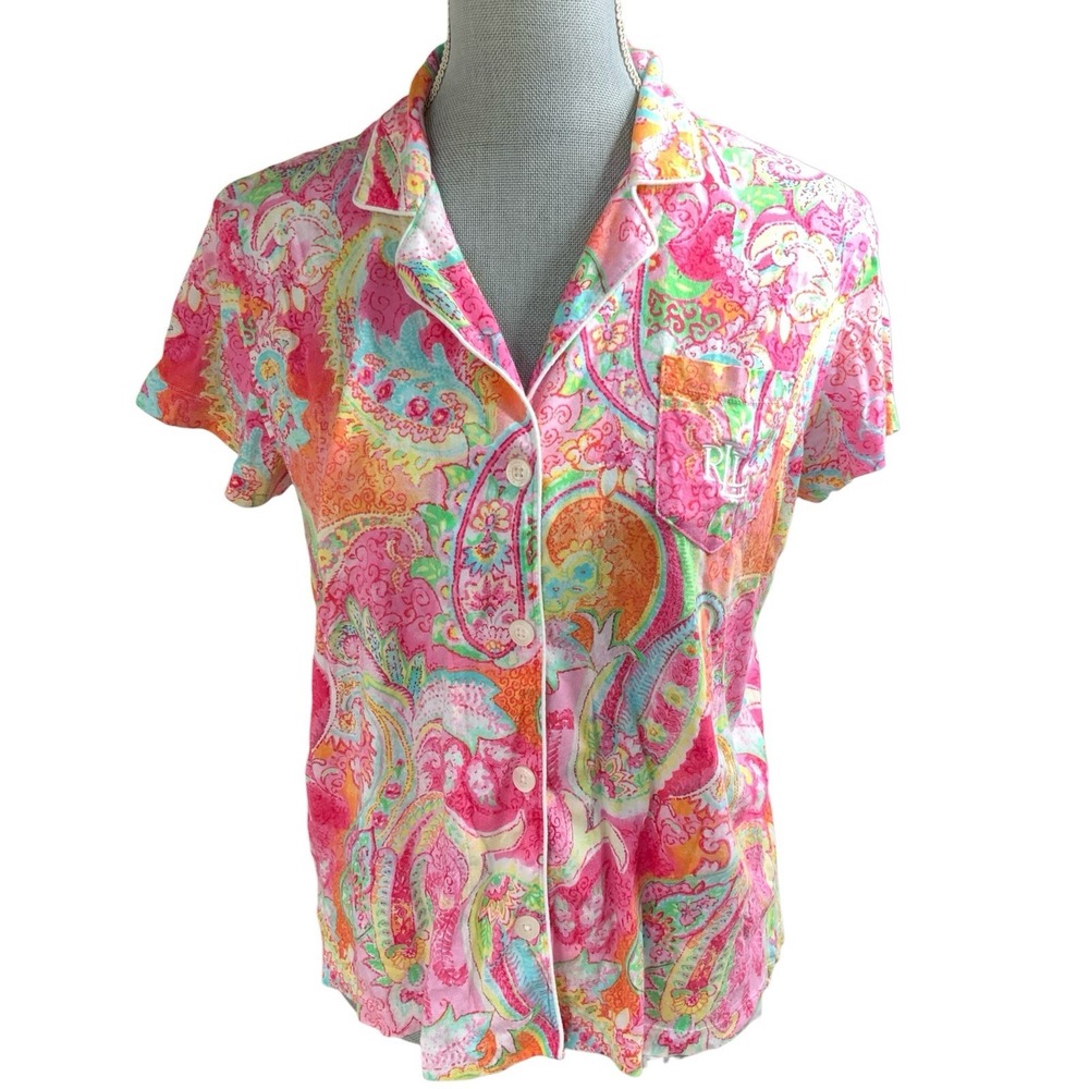 Lauren Ralph Lauren Womens Medium Bright Paisley Short Sleeve‎ Button Pajama Top